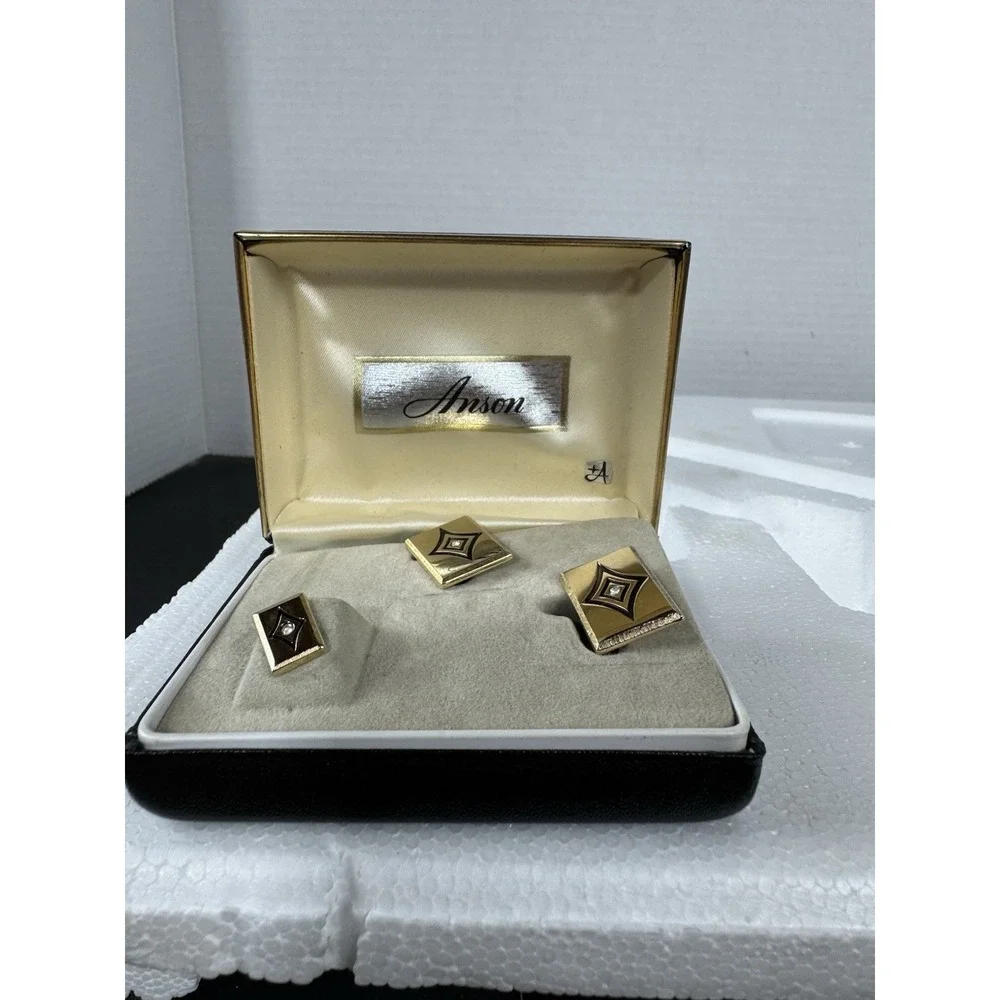 Anson gold tone rectangular cuff links and tie pin clear‎ stone